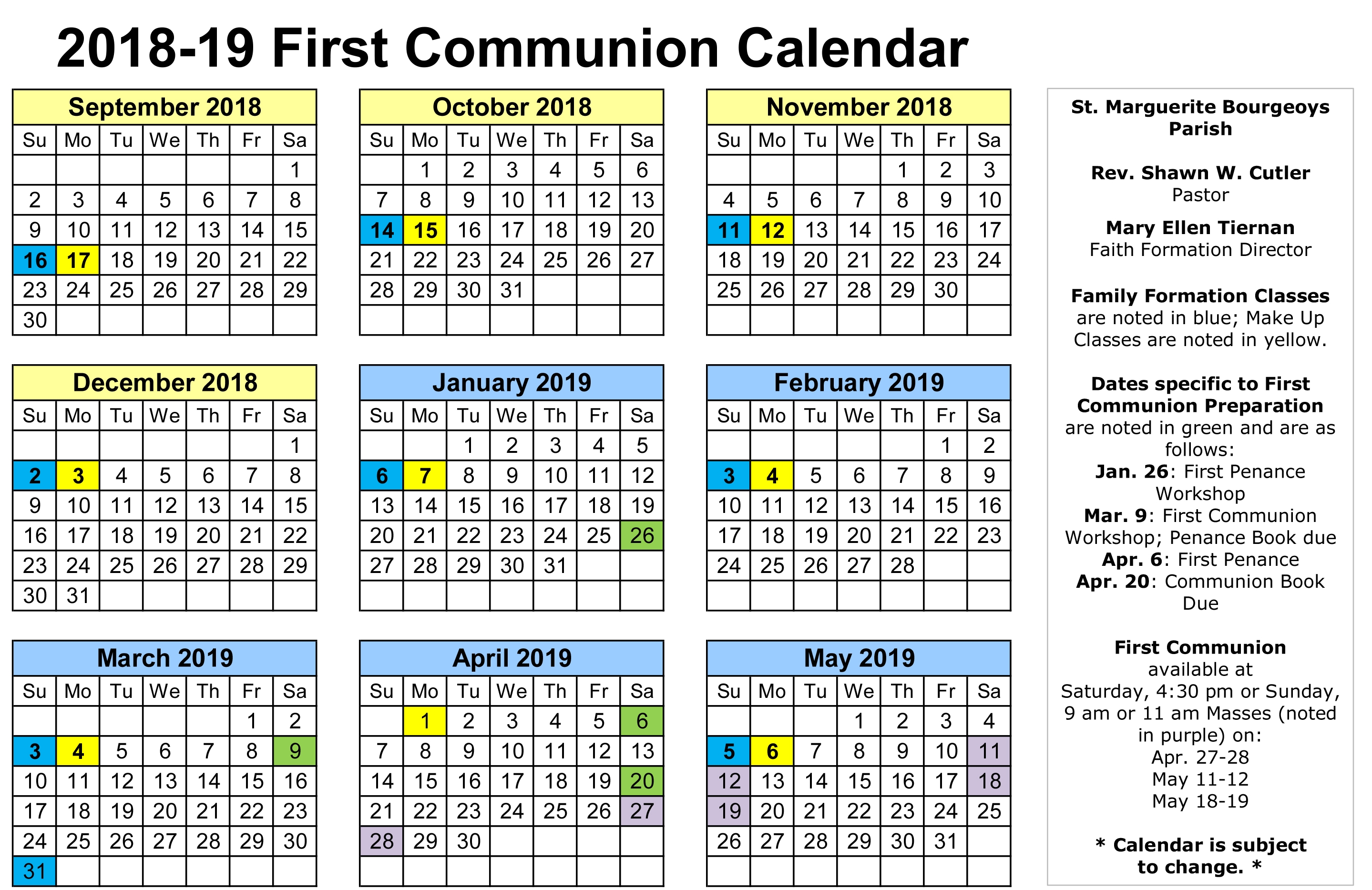 20182019 First Communion Calendar Saint Marguerite Bourgeoys